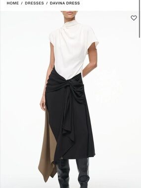STAUD Davina Black brown ivory Tie-Waist Midi colorblock draped dress